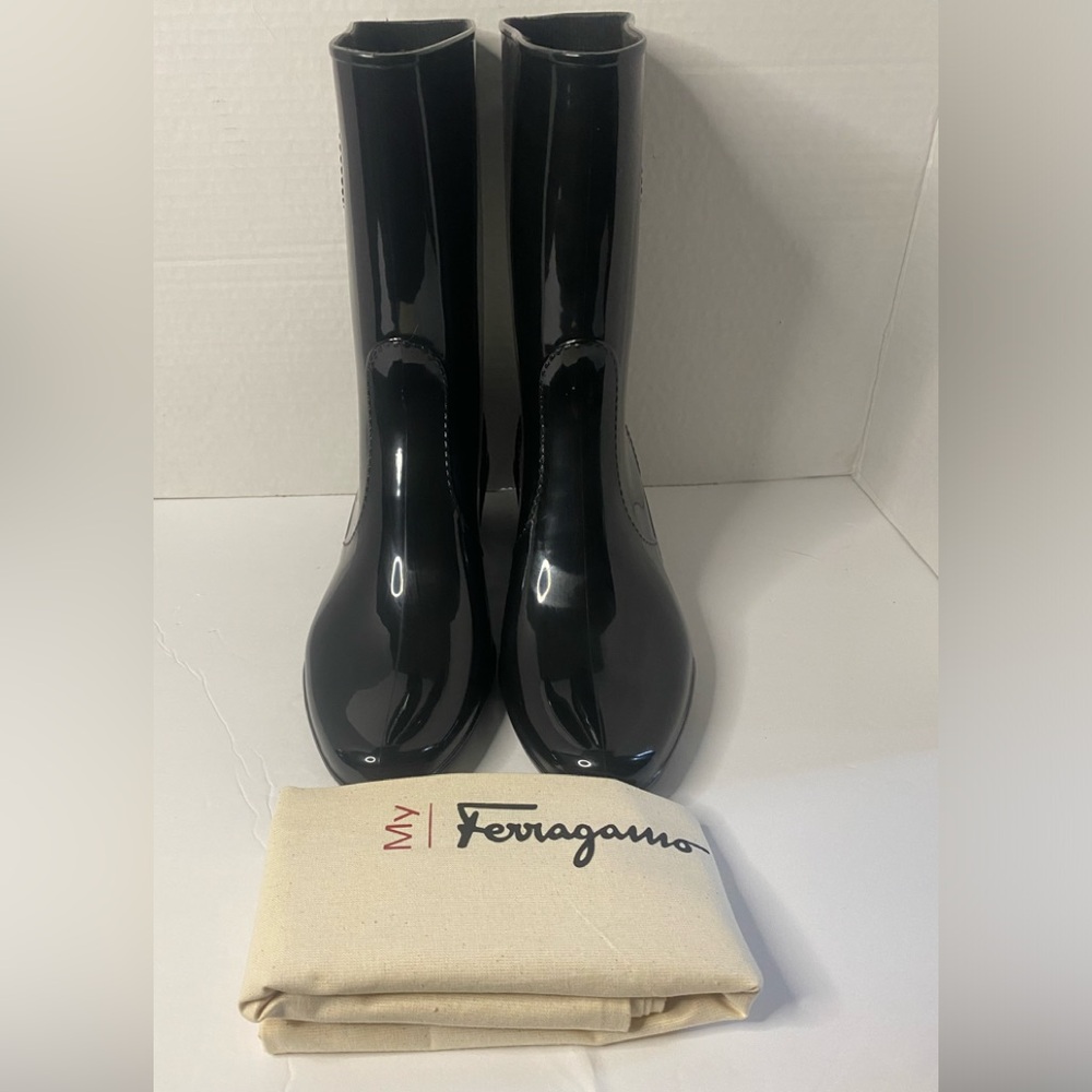 My Ferragamo black rubber rain boot.Low wedge " My Rainbow" no zipper slip on
